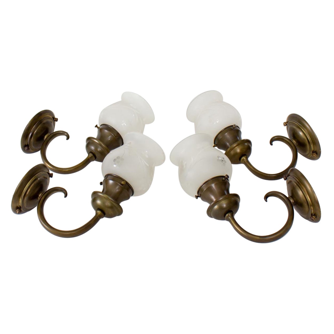 E.F. Caldwell Brass Sconces with Etched Glass Shades- set of Four For Sale