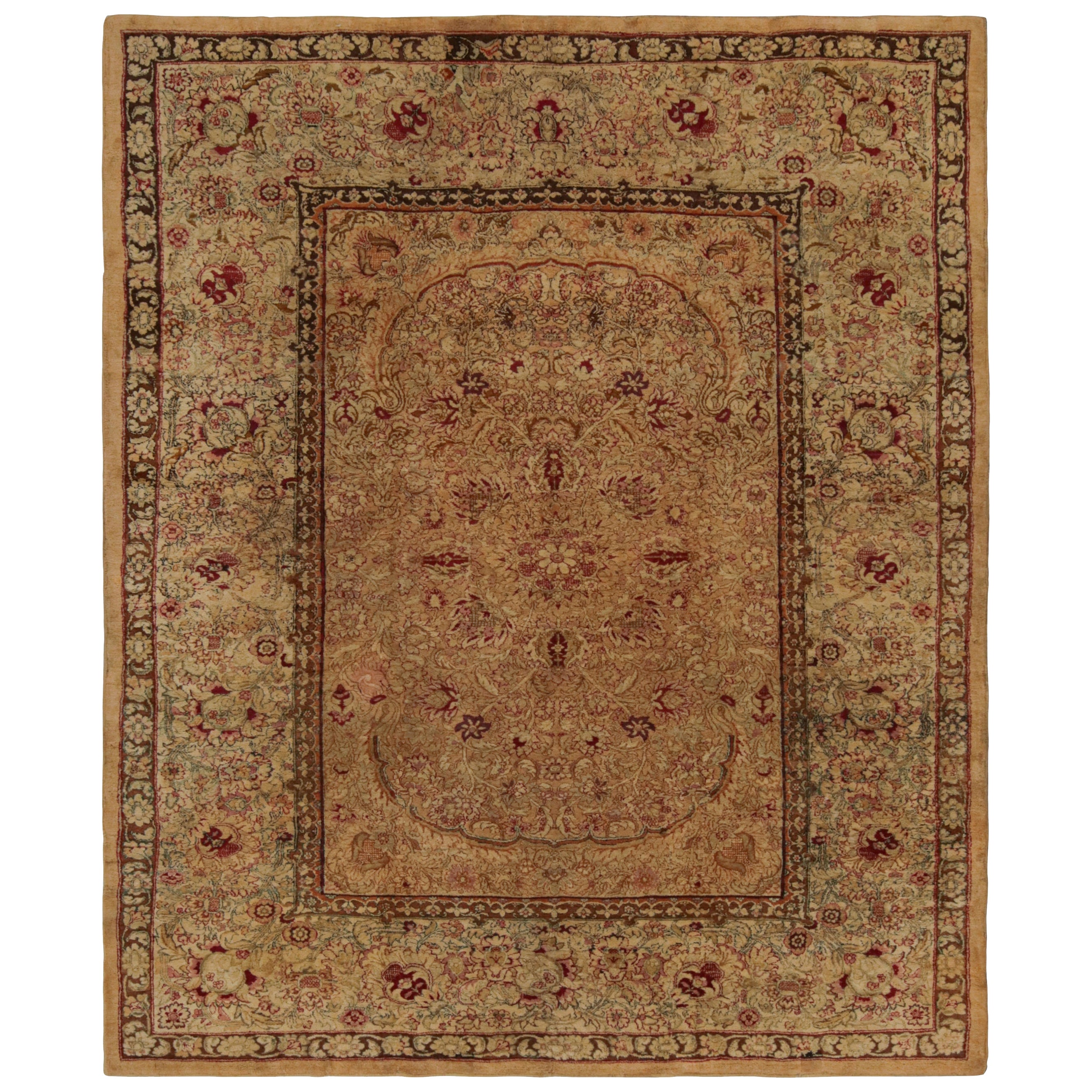 Antique Agra Rug in Gold and Brown with Floral Patterns For Sale