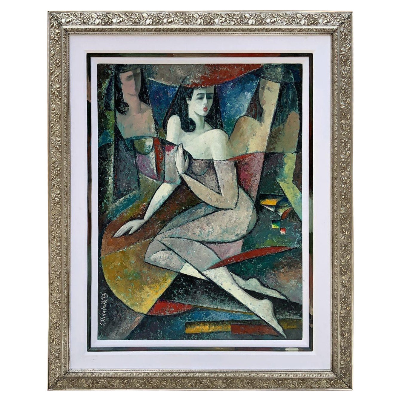 Vintage Art Deco Framed Oil on Canvas Painting Wall Art Wall Decor  For Sale