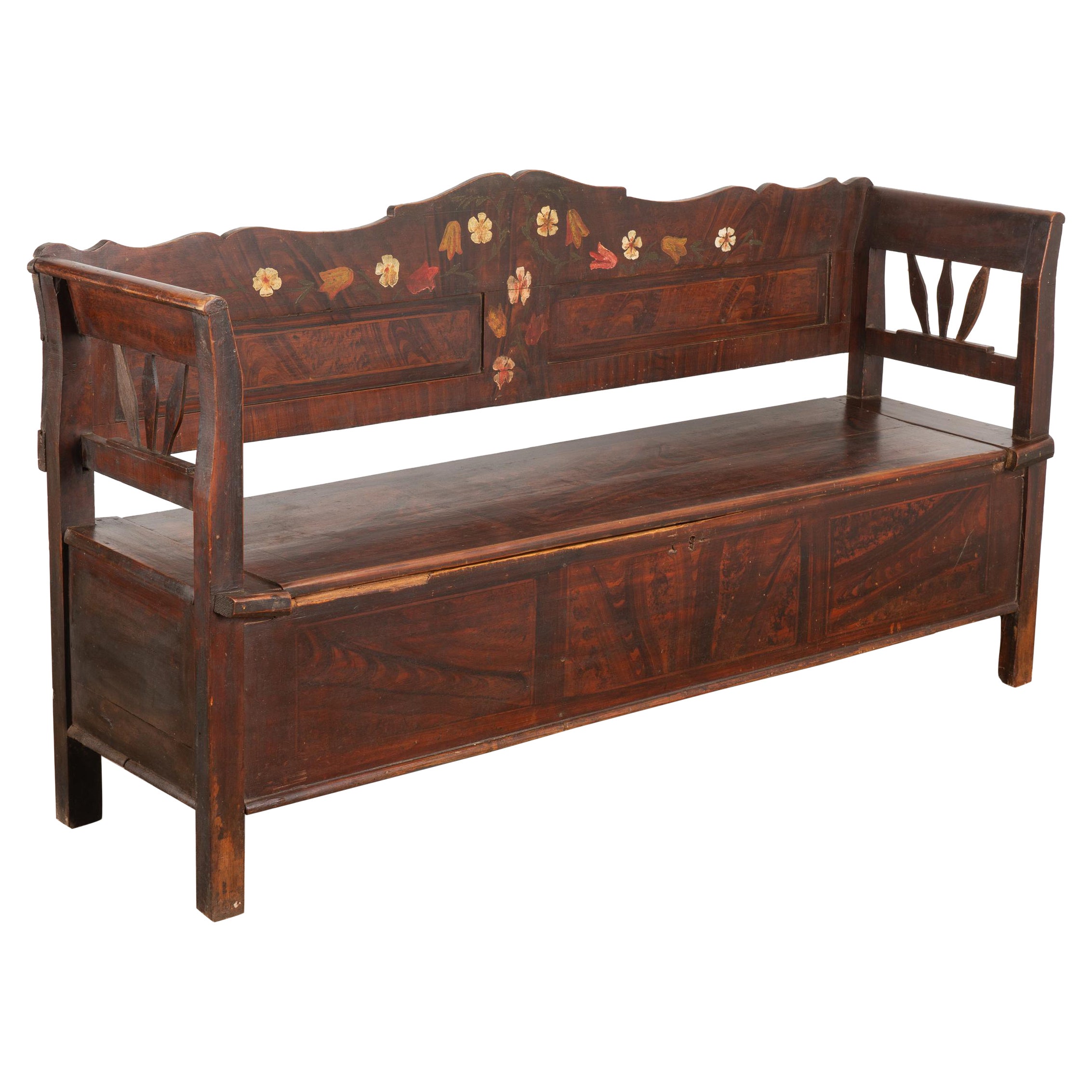 Original Painted Brown Bench With Storage, Hungary Circa 1900's For Sale