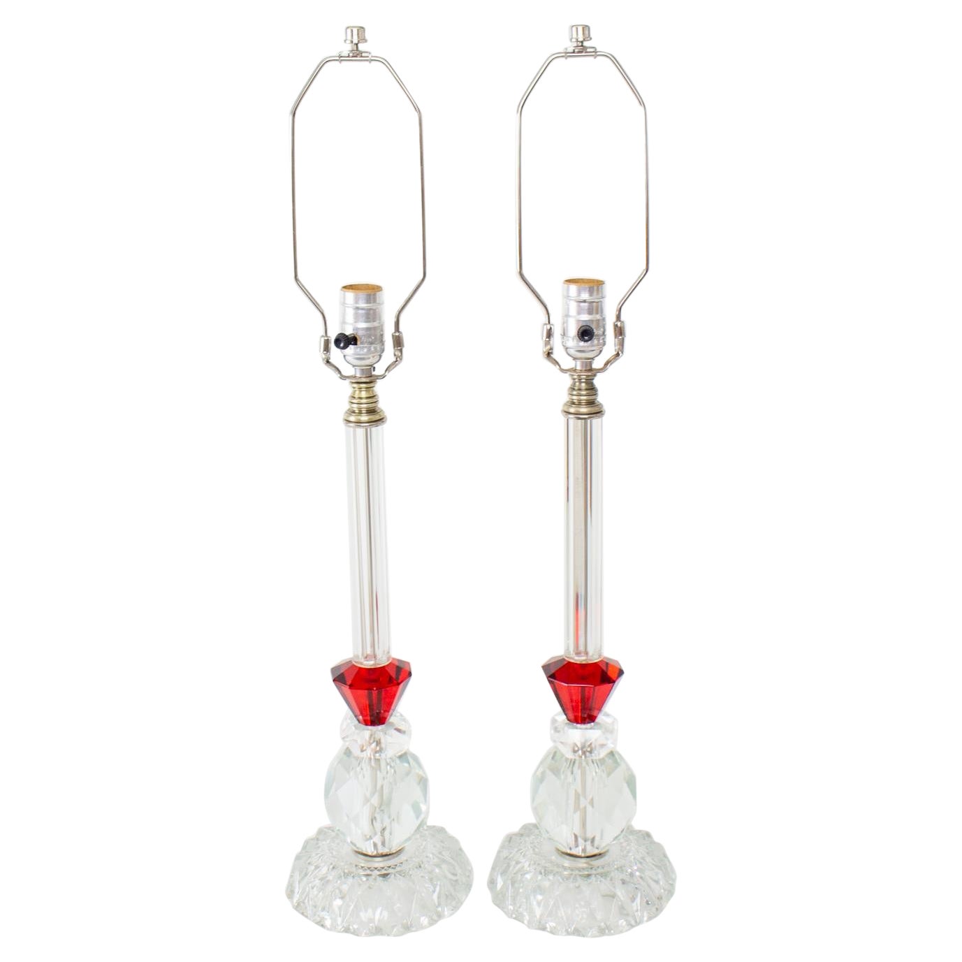 1930's Clear and Red Glass Table Lamps - a Pair For Sale