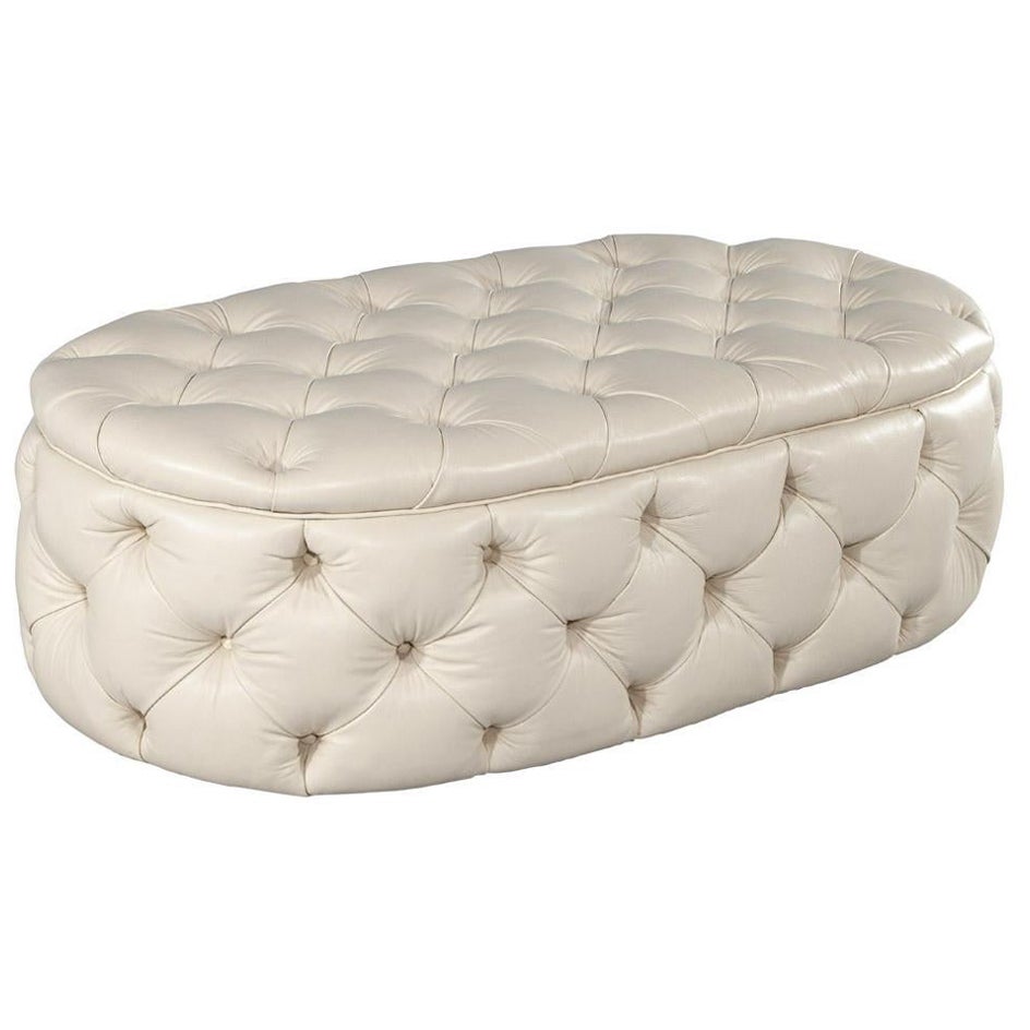 Modern Oval Tufted Leather Ottoman Table For Sale