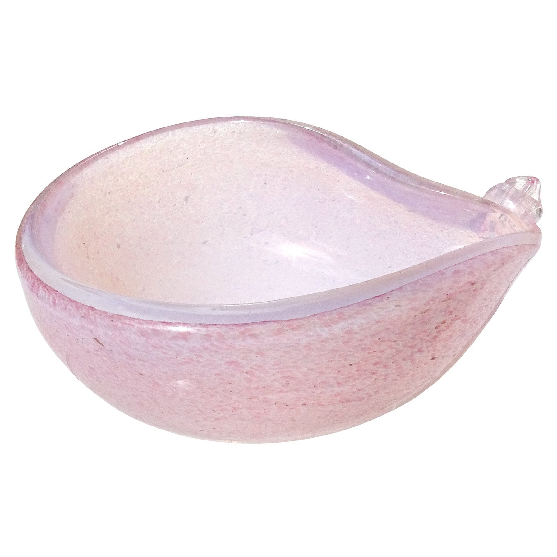 Murano Opalescent Pink Spots White Italian Art Glass Scroll Design Seashell Bowl For Sale