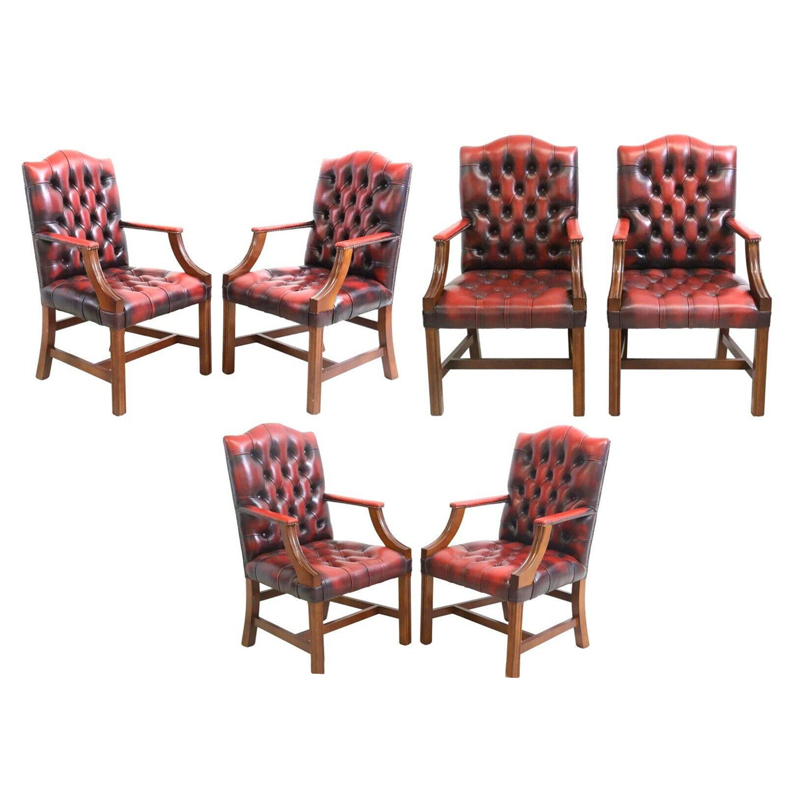 20th C. Red Leather, English, Six, GainsBorough Style, Nailhead Trim Armchairs! For Sale