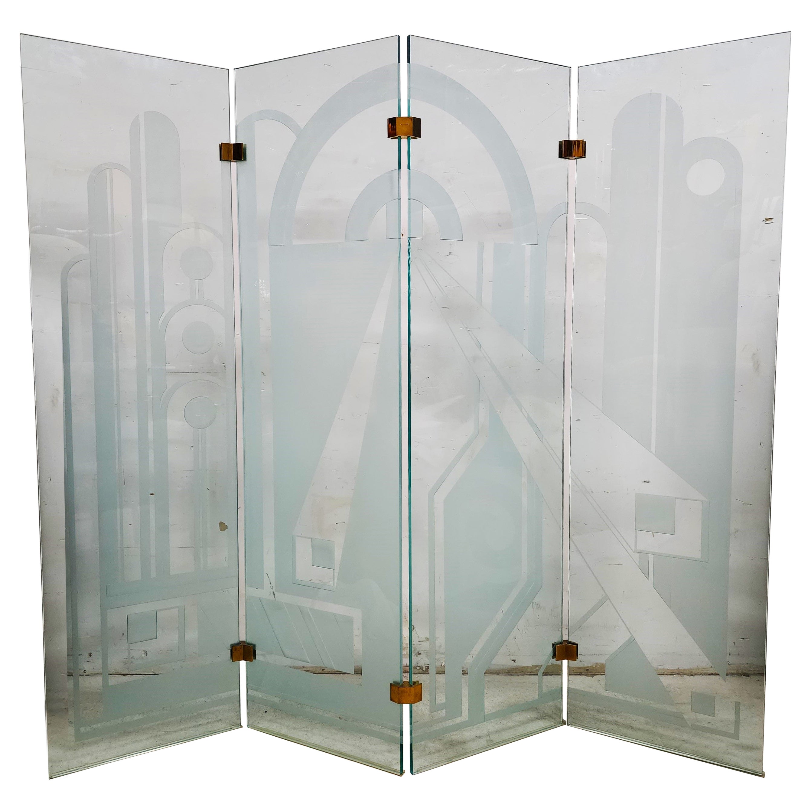 Vintage Etched Glass Paravent Screen Room Divider For Sale