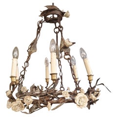  French Flower Chandelier Tole 1920s Iron Light Fitting with Roses