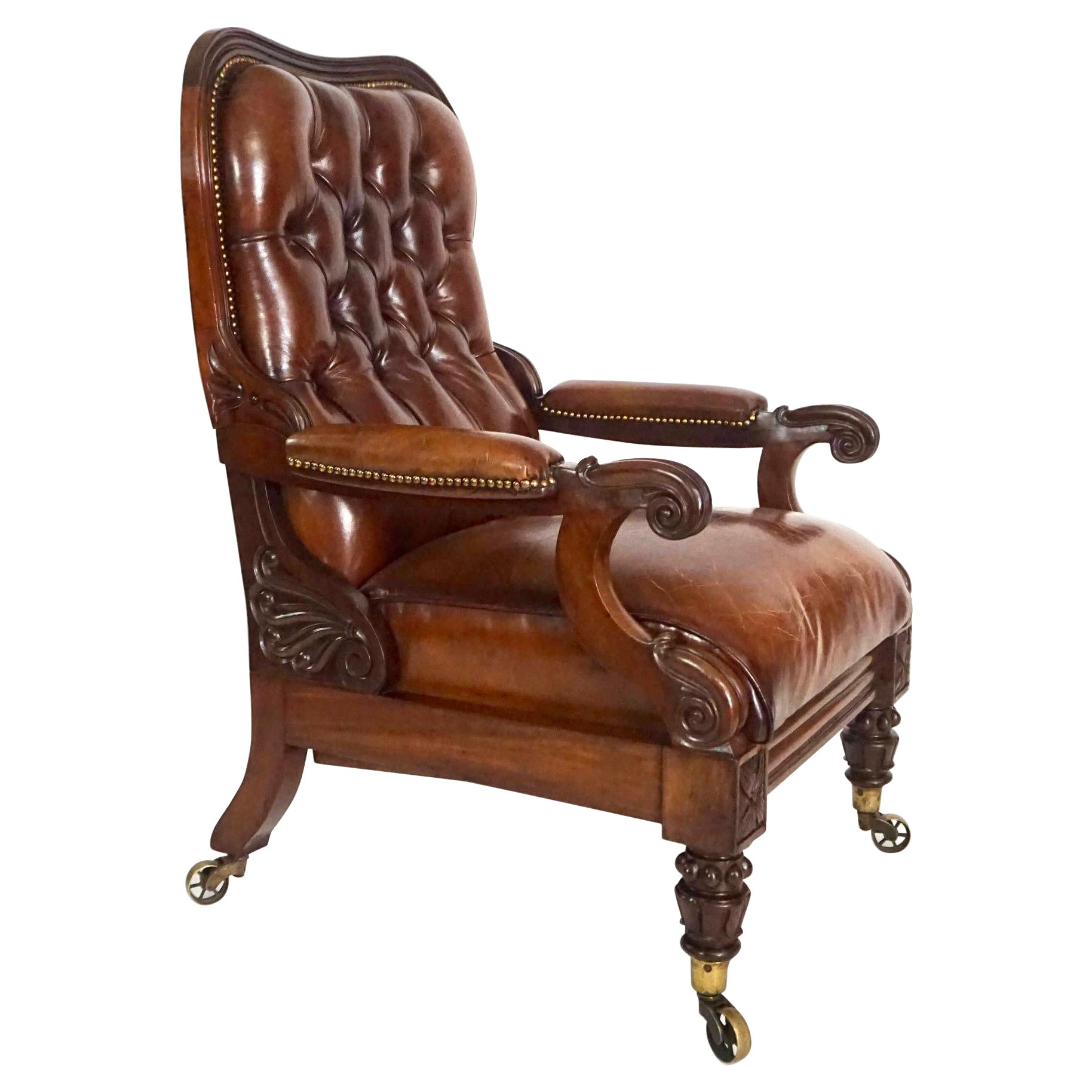 Fauteuil inclinable Regency en acajou tapissé de cuir, vers 1830 en vente