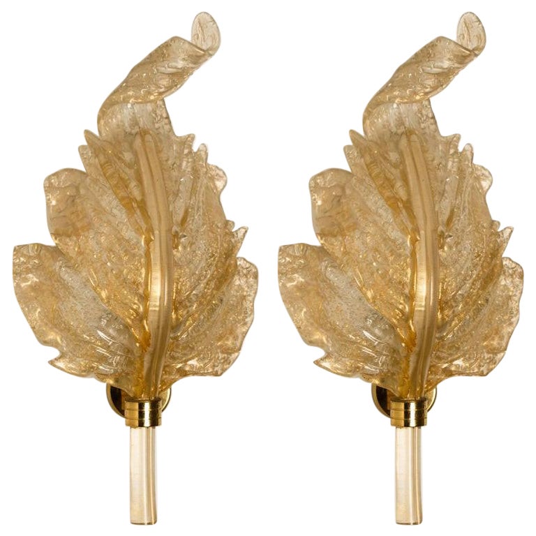 Pair of  Wall Sconces Barovier & Toso Gold Glass Murano, Italy, 1960s