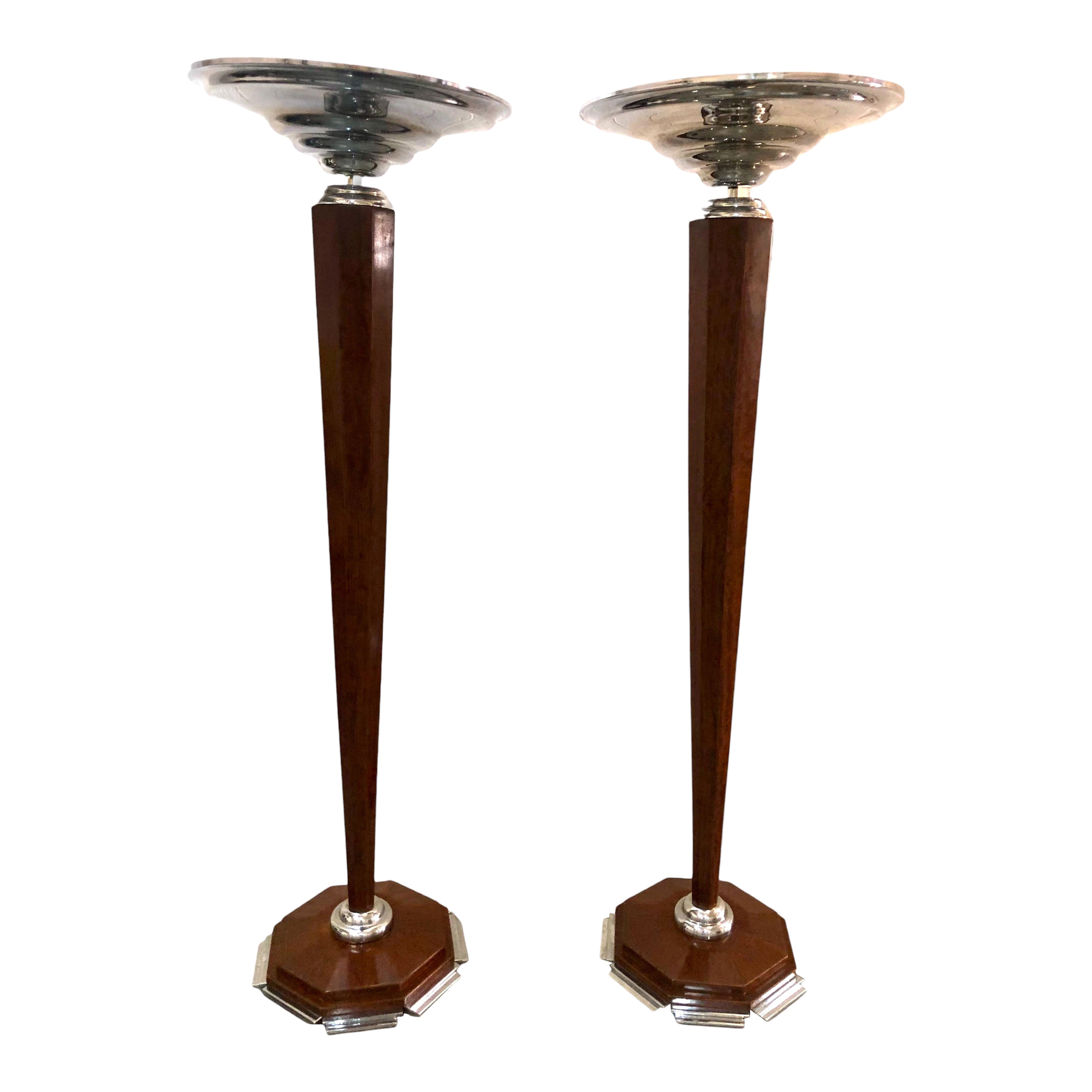 2 Art Deco Floor Lamps, France, Materials: birch wood, glass and Chrome, 1920 For Sale