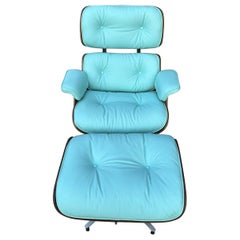 Restored Eames Lounge Chair & Ottoman w/ New Custom Tiffany Blue Leather