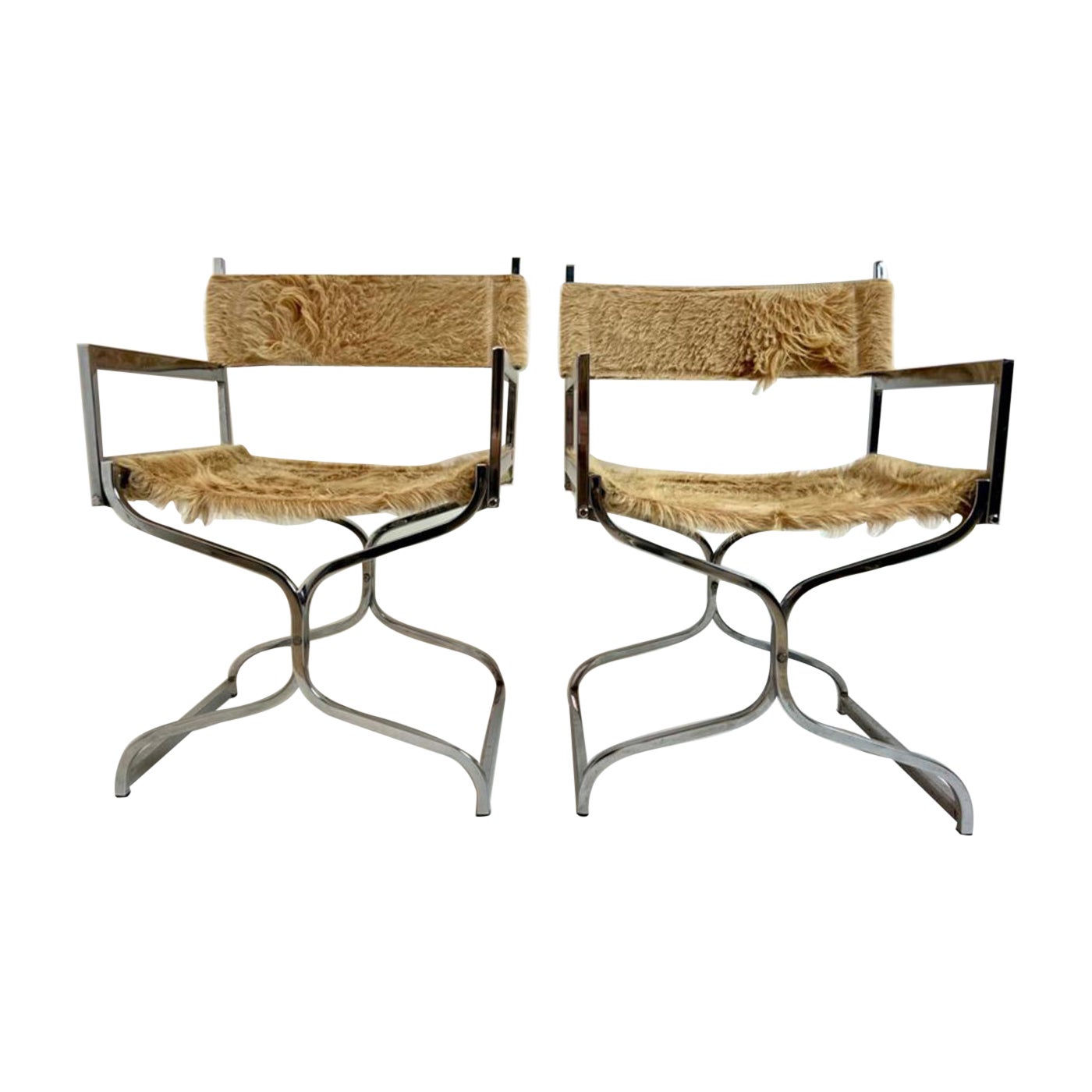 Set of Two Chrome Chairs With Horse Skin Upholstery by Arrmet, Italy