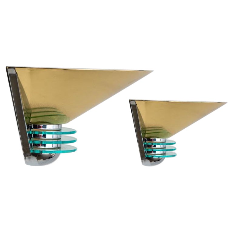 Pair of Triangle Shaped Brass and Glass Wall Lights from the 1980s For Sale