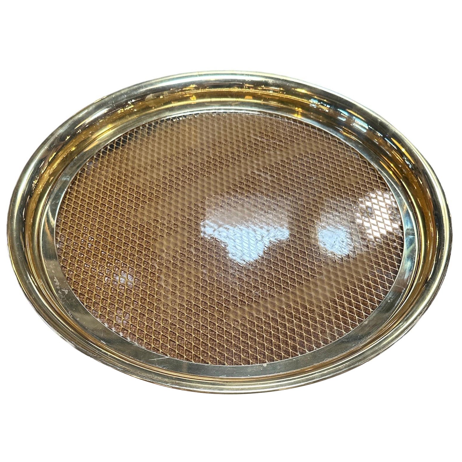 Vintage Decorative Italian Round Brass and Glass Tray 1980s For Sale