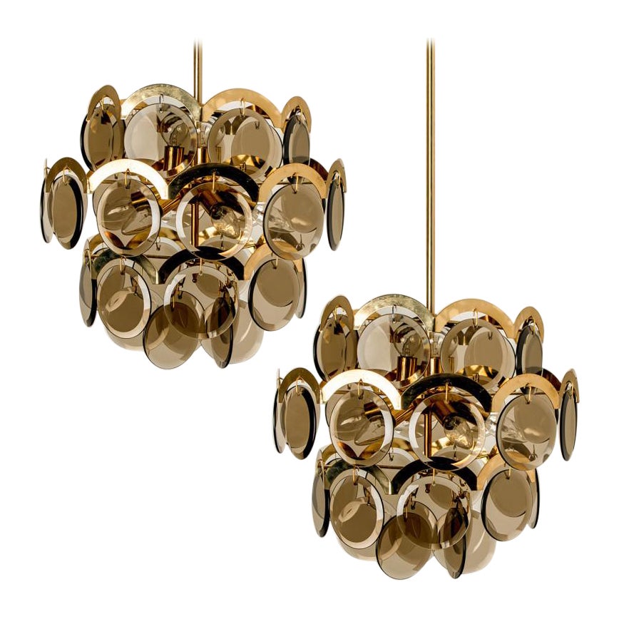Pair of Large Smoked Glass and Brass Chandelier in the Style of Vistosi, Italy For Sale