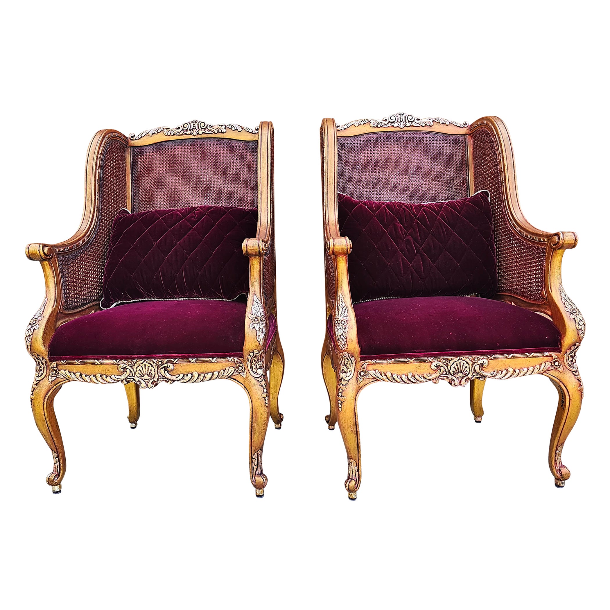 Henredon Schoonbeck Collection Gilt Cane & Maroon Velvet Upholstered Bergeres For Sale