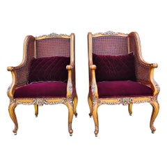 Henredon Schoonbeck Collection Gilt Cane & Maroon Velvet Upholstered Bergeres