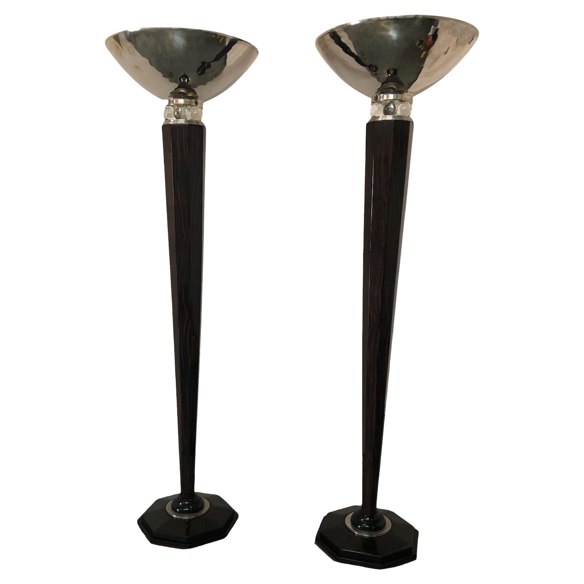 2 Art Deco Floor Lamps, France, Materials: glass, wood Walnut and Chrome, 1920