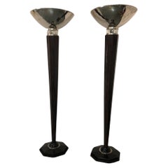 2 Art Deco Floor Lamps, France, Materials: glass, wood Walnut and Chrome, 1920