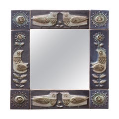 Miroir en grès à motif d'oiseaux