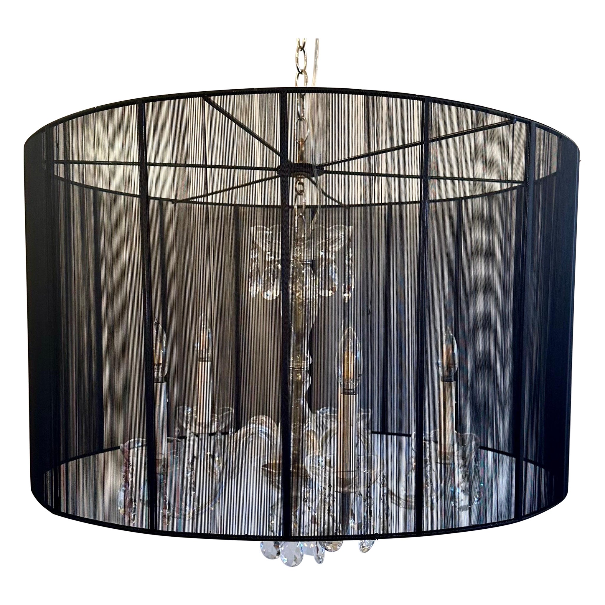 1920s all crystal chandelier inside black silk string shade 