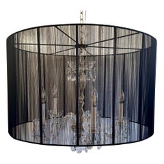 Antique 1920s all crystal chandelier inside black silk string shade 