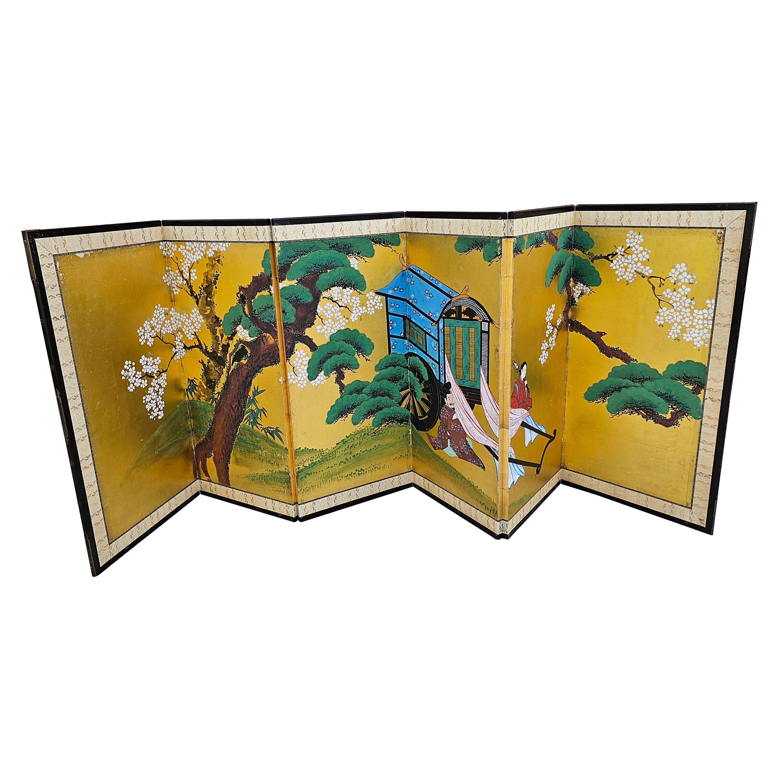 East Asian Extra Wide Folding  Low Six Panel Landscape Divider Screen For Sale