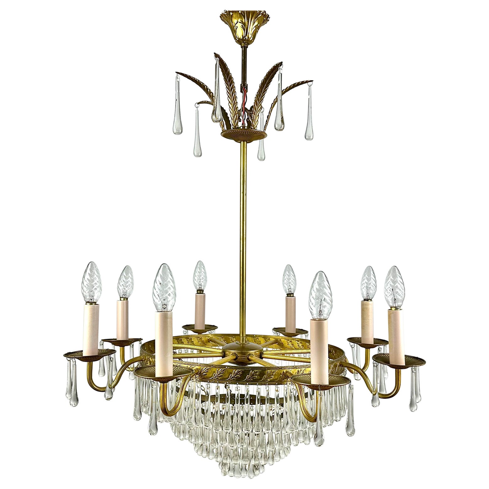 Vintage Cascading Crystal And Brass Chandelier France 1960s