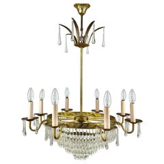 Retro Cascading Crystal And Brass Chandelier France 1960s