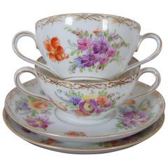 Antique German Dresden Franziska Hirsch Bouillon Soup Bowls Tea Cups Saucers