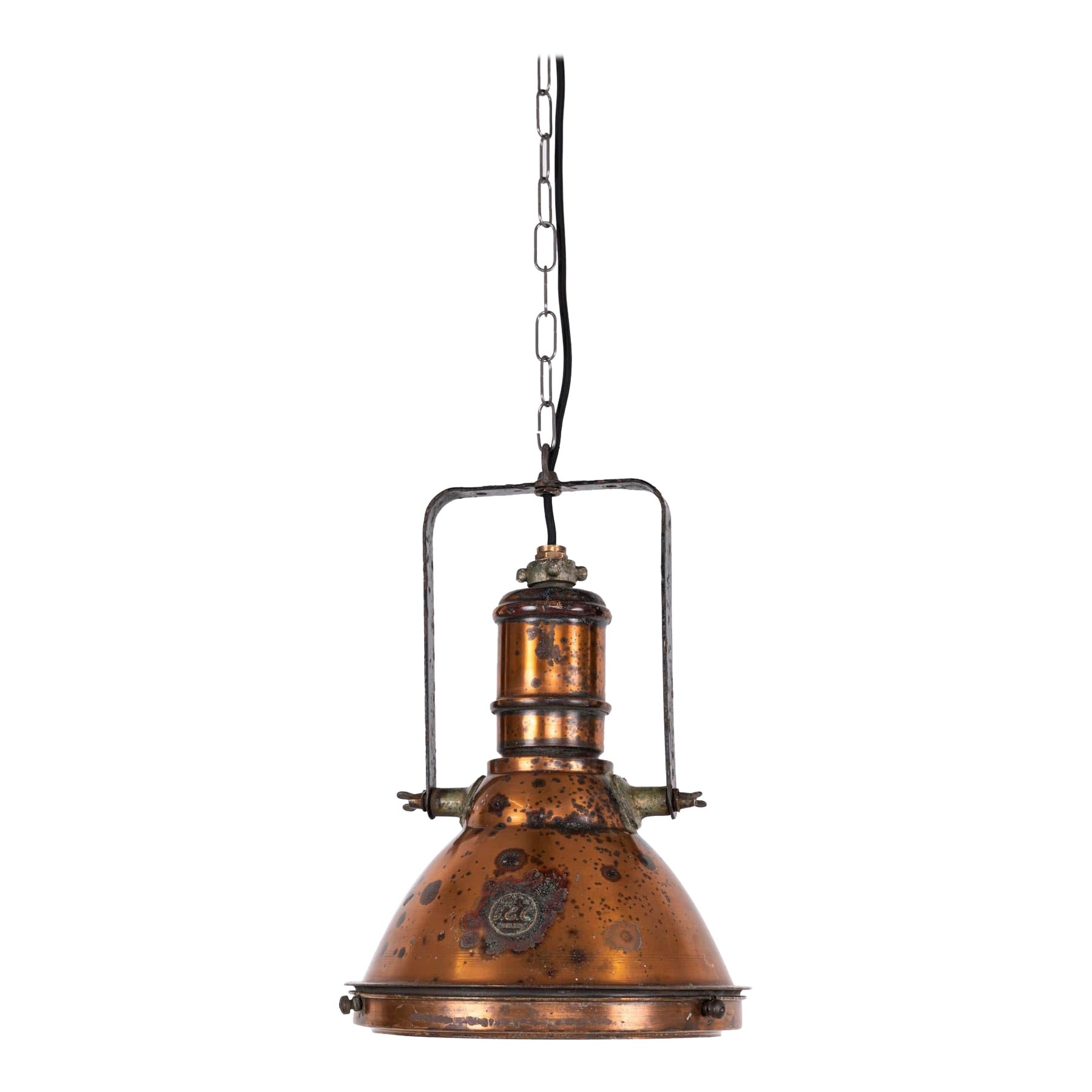 Lampe à suspension industrielle ancienne Art Déco en cuivre GEC / GECoRAY, vers 1930
