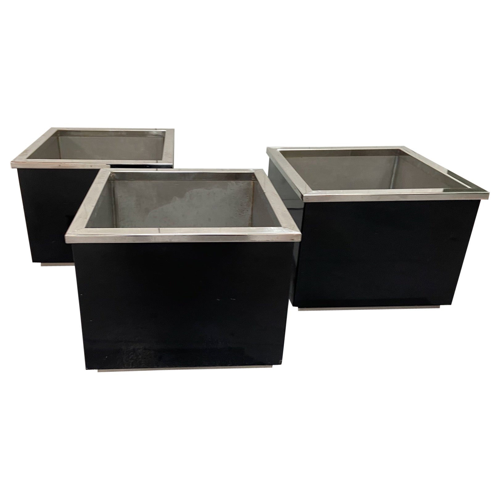 1960s-70s black enamel and chrome metal cubic planters, manner of Willy Rizzo For Sale