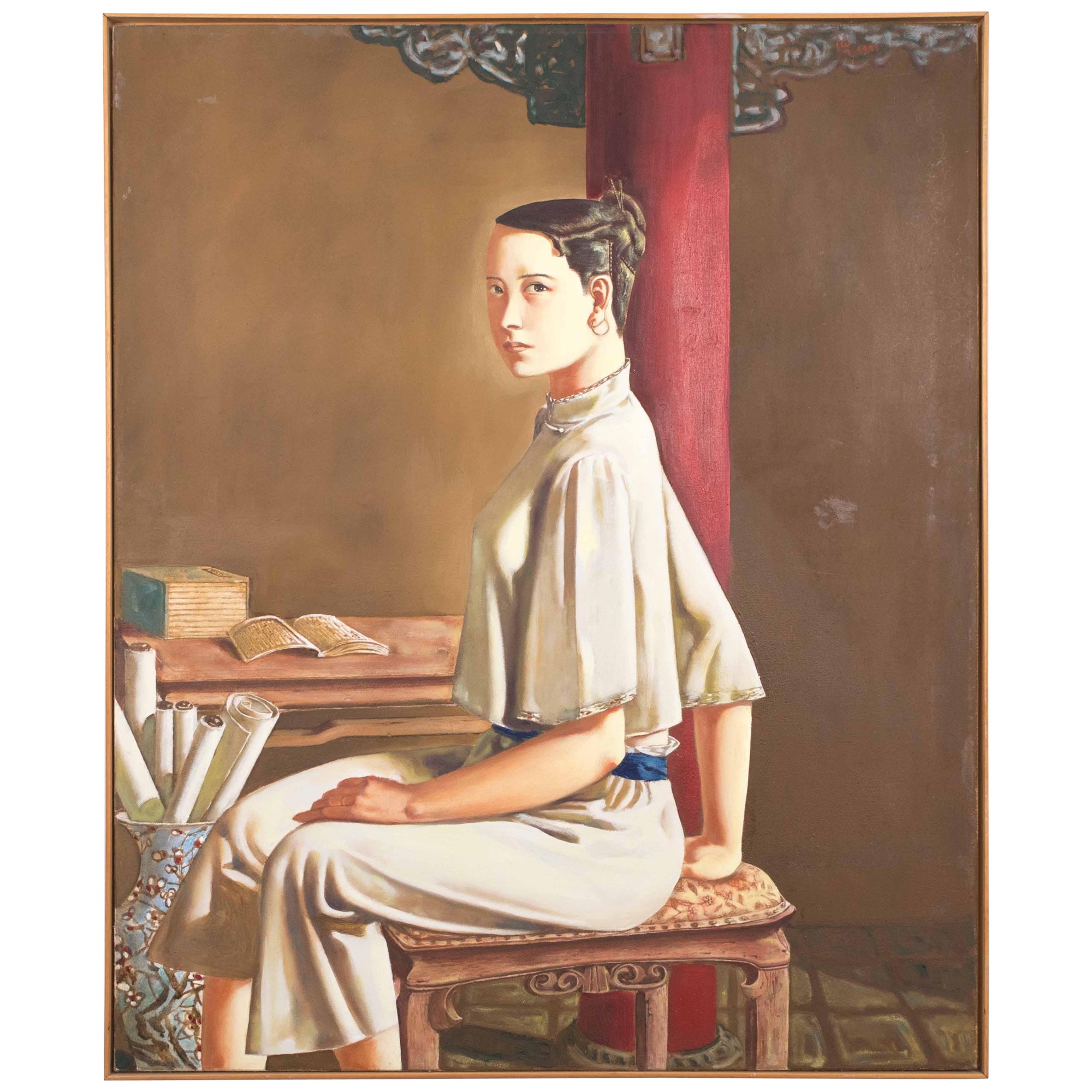 Chen Yun Wang / Wang Chengyun „Frau vor Säule“ For Sale
