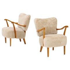 A Pair of Swedish Modern Sheepskin Upholstered Armchairs, Circa 1940-50
