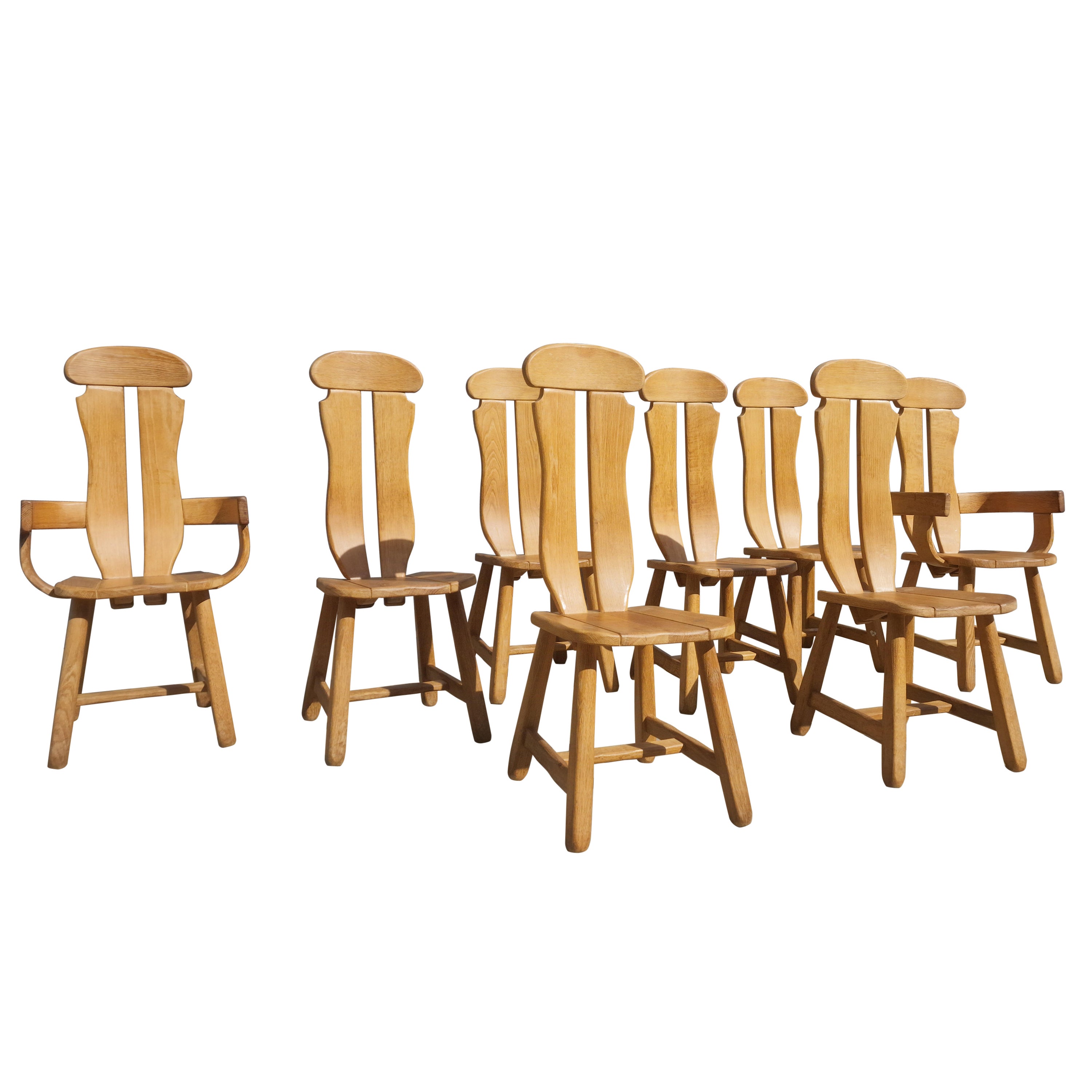 Set of 8 Brutalist Oak Chairs from De Puydt, Belgium 1970s