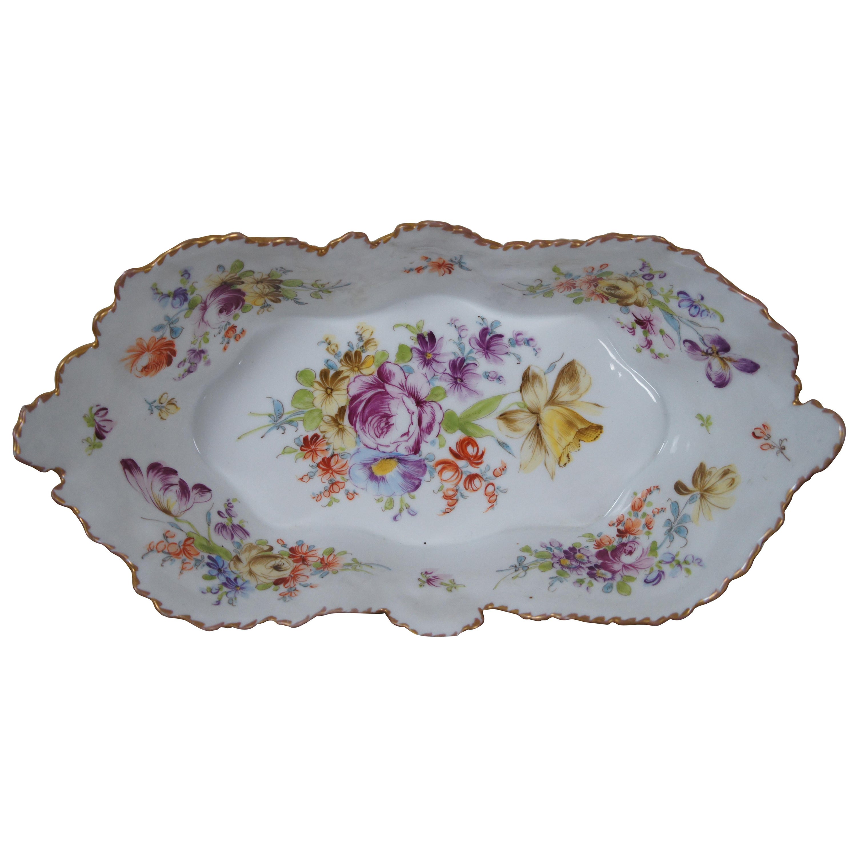 Antike deutsche Dresden Porcelain vergoldet floralen Tafelaufsatz Schale Kompott 12"