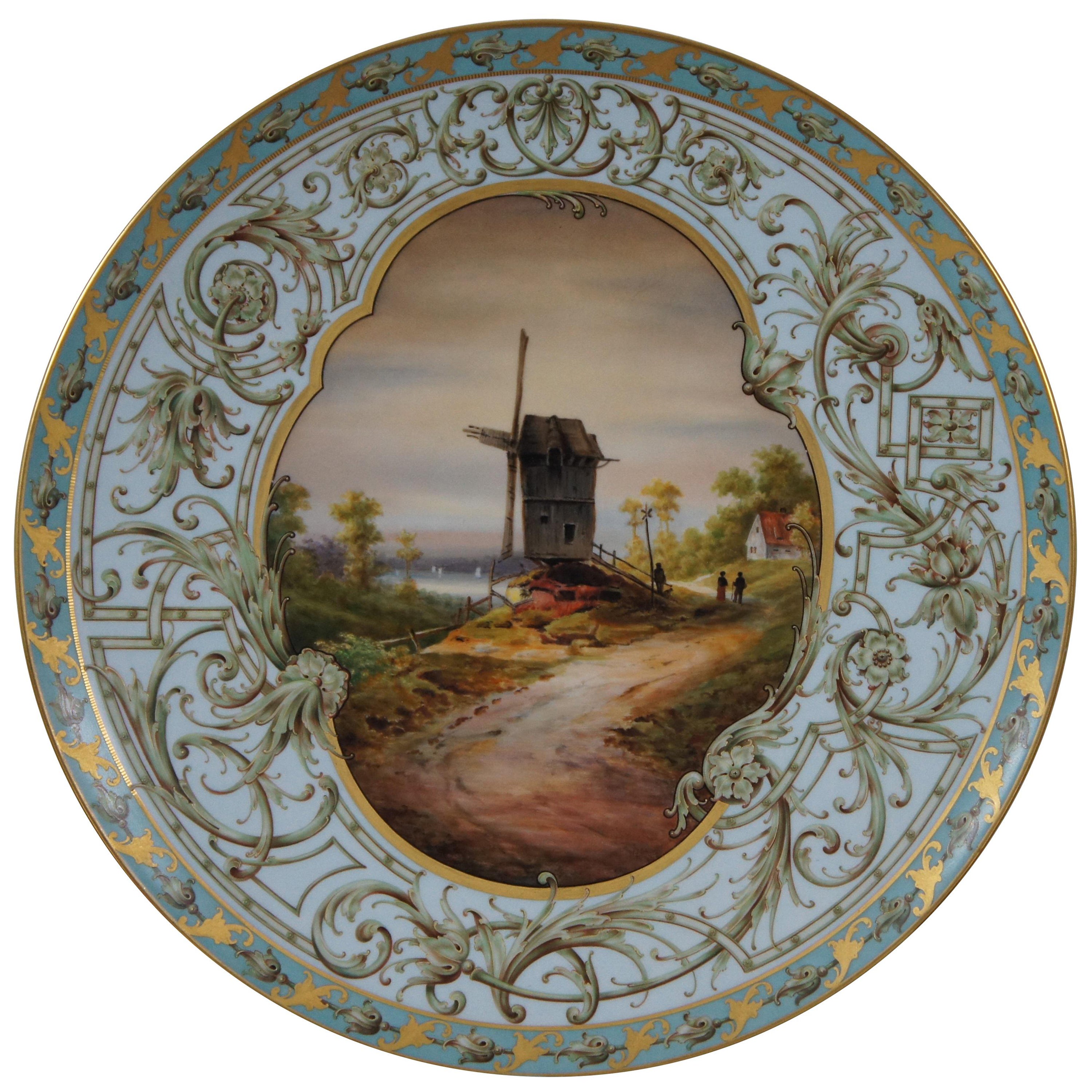 Antique Art Nouveau KPM Berlin Porcelain Gilded Windmill Charger Plate 14" For Sale