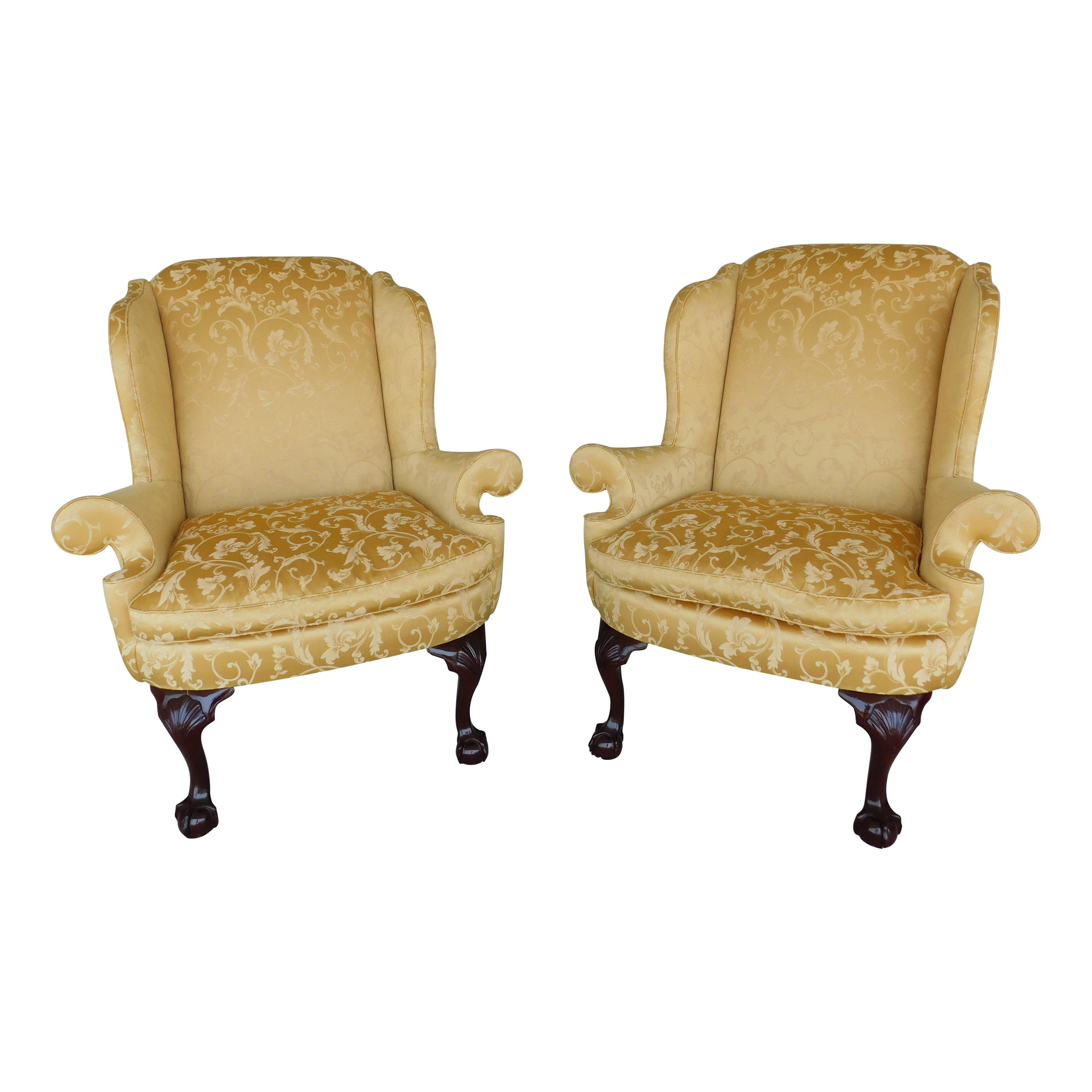 Kindel Winterthur Collection Chippendale Style Wing Back Chairs - a Pair