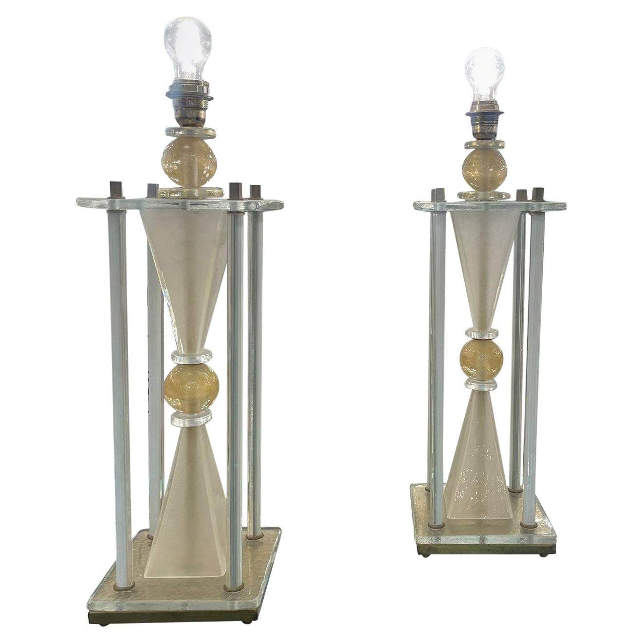 Pair of Italian 'Hour Glass' Lamps in Murano Glass For Sale