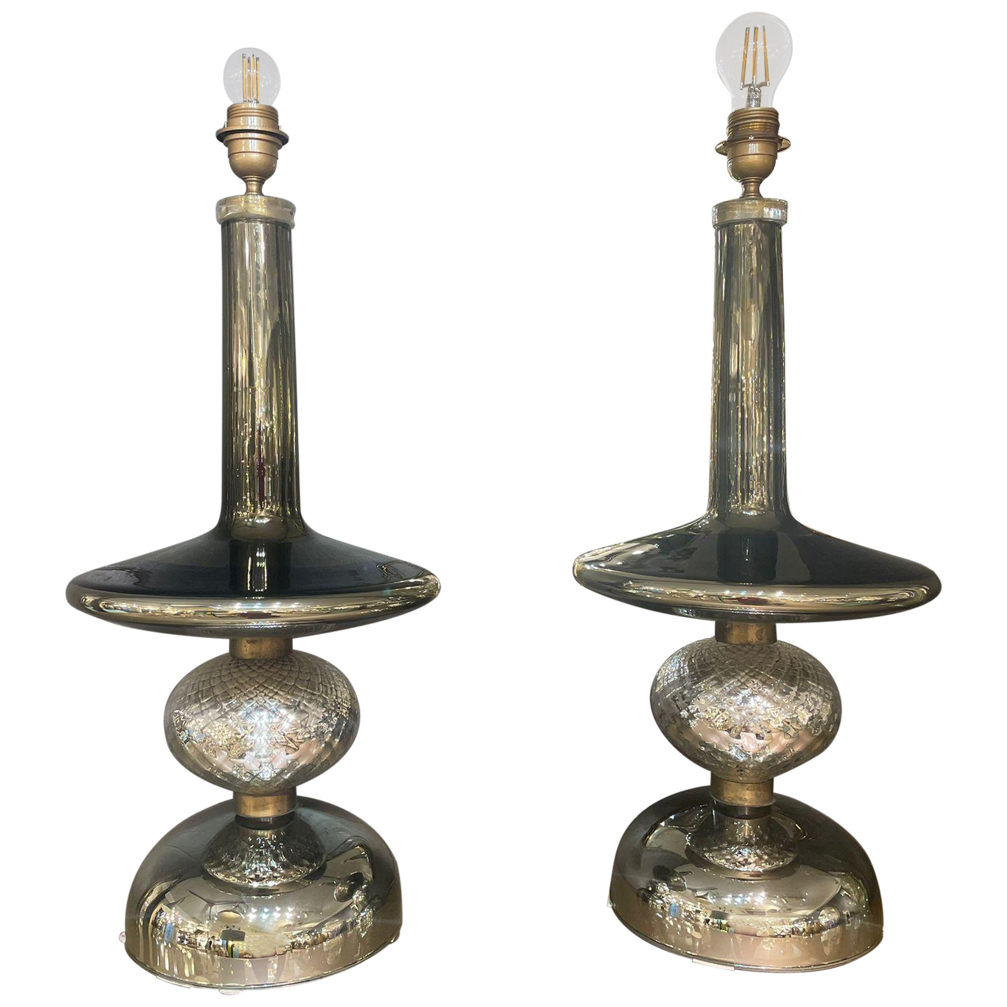 Pair of Table Lamps in Silver Mirrored Glass, circa 1960 For Sale