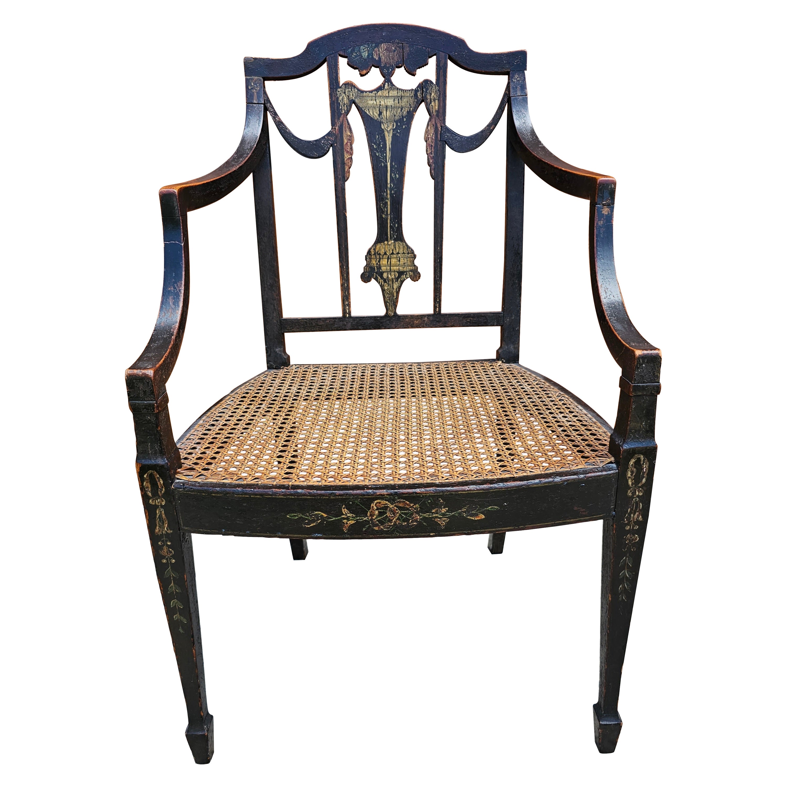 18th Century Ebonized and Inlays Decorated Cane Seat Armchair