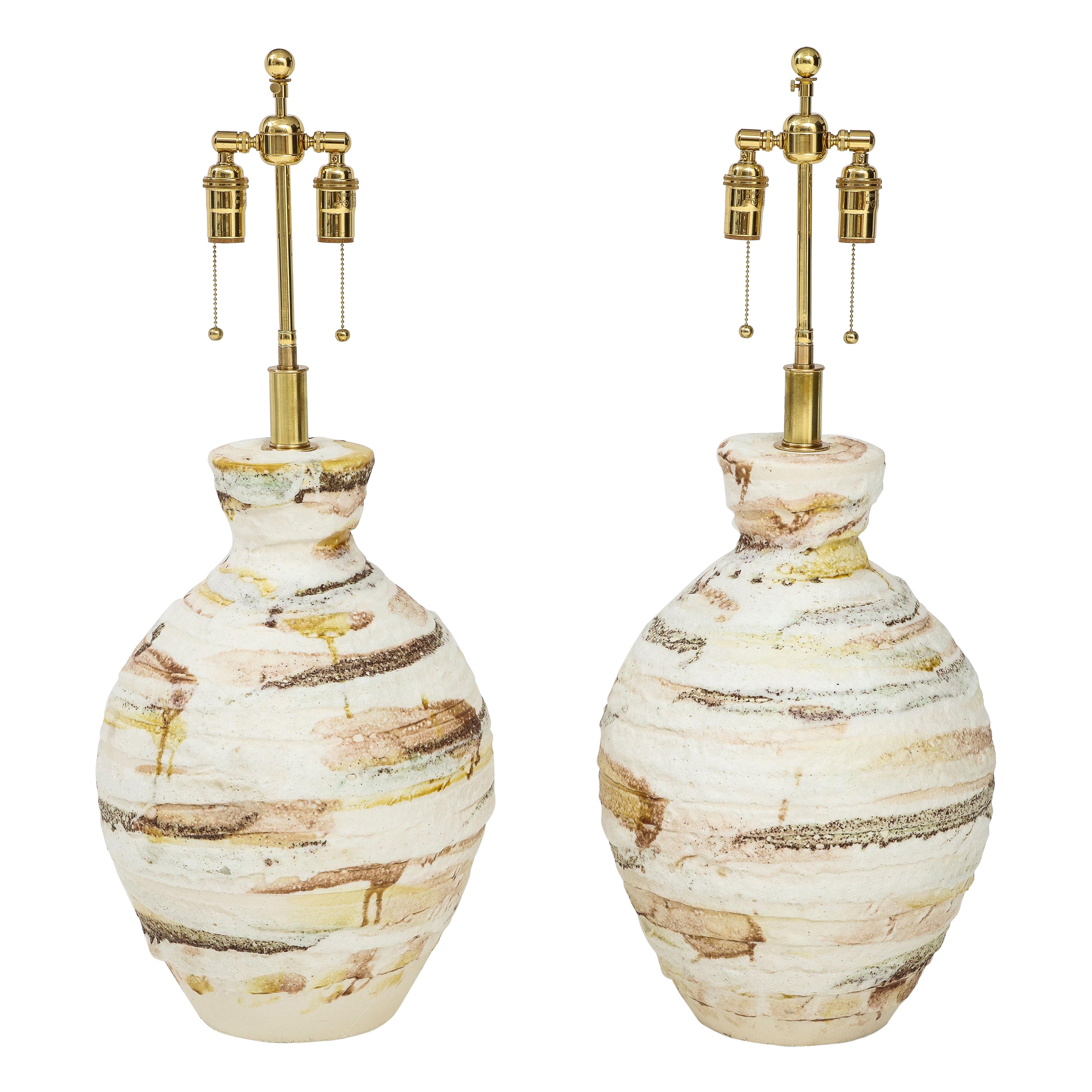 Pair of Large Mid - Century Modern Ceramic Lamps with a Textured Glazed Finish. For Sale