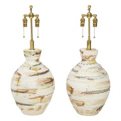 Pair of Large Mid - Century Modern Ceramic Lamps with a Textured Glazed Finish.