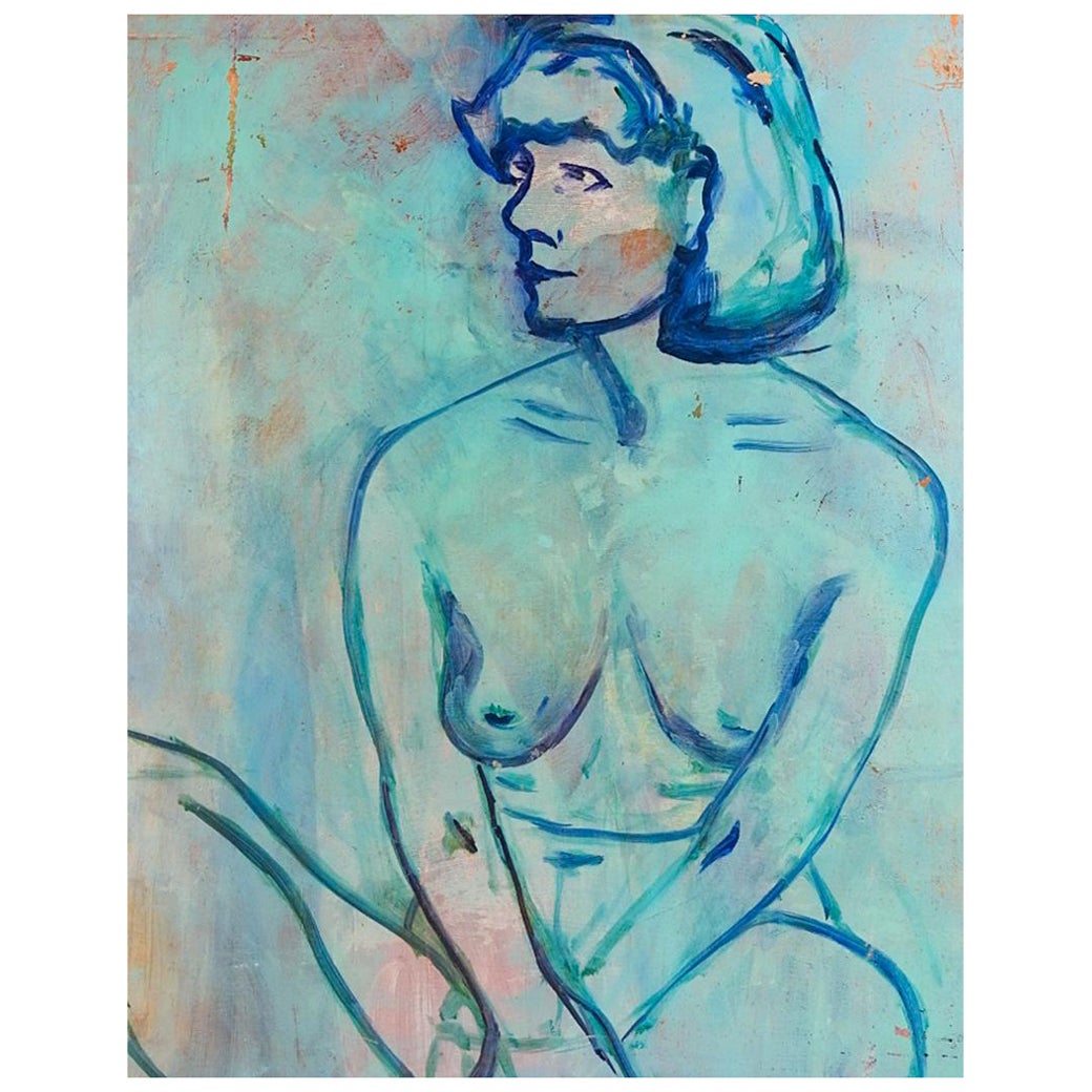 Peinture de portrait vintage d'une femme nue en bleu 1988 en vente