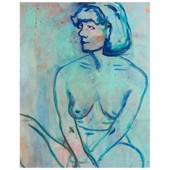 Vintage 1988 Nude Woman in Blue Portrait Painting