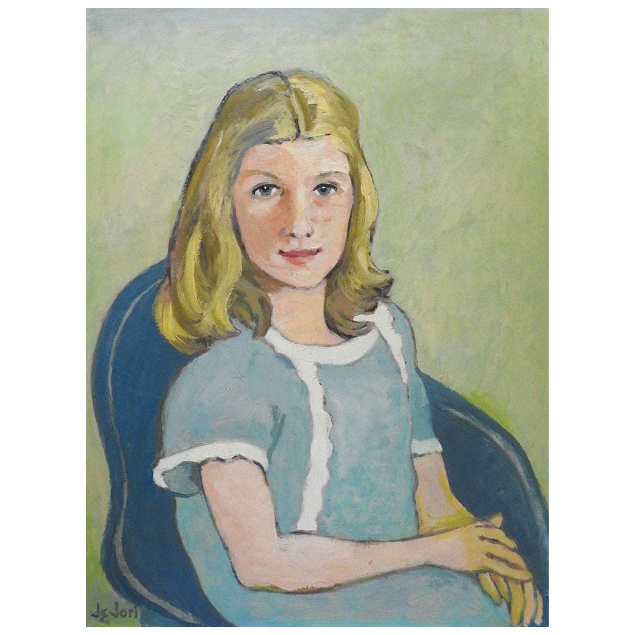 Vintage Mid 20th Century Portrait of Girl in Blue Dress Painting For Sale