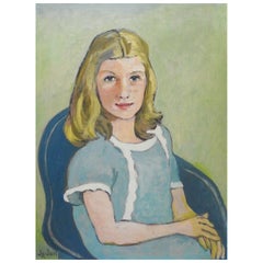 Vintage Mid 20th Century Portrait of Girl in Blue Dress Painting