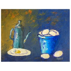 Vintage Mid 20th Century Modernist Still Life With Eggs and Coffee Painting