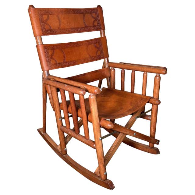 Vintage Brown Leather Campaign Style COSTA Rican Folding Rocking Chair ...