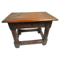 17th c Burled Oak English Carved Oakleaf Motif Footstool w Pegged Construction