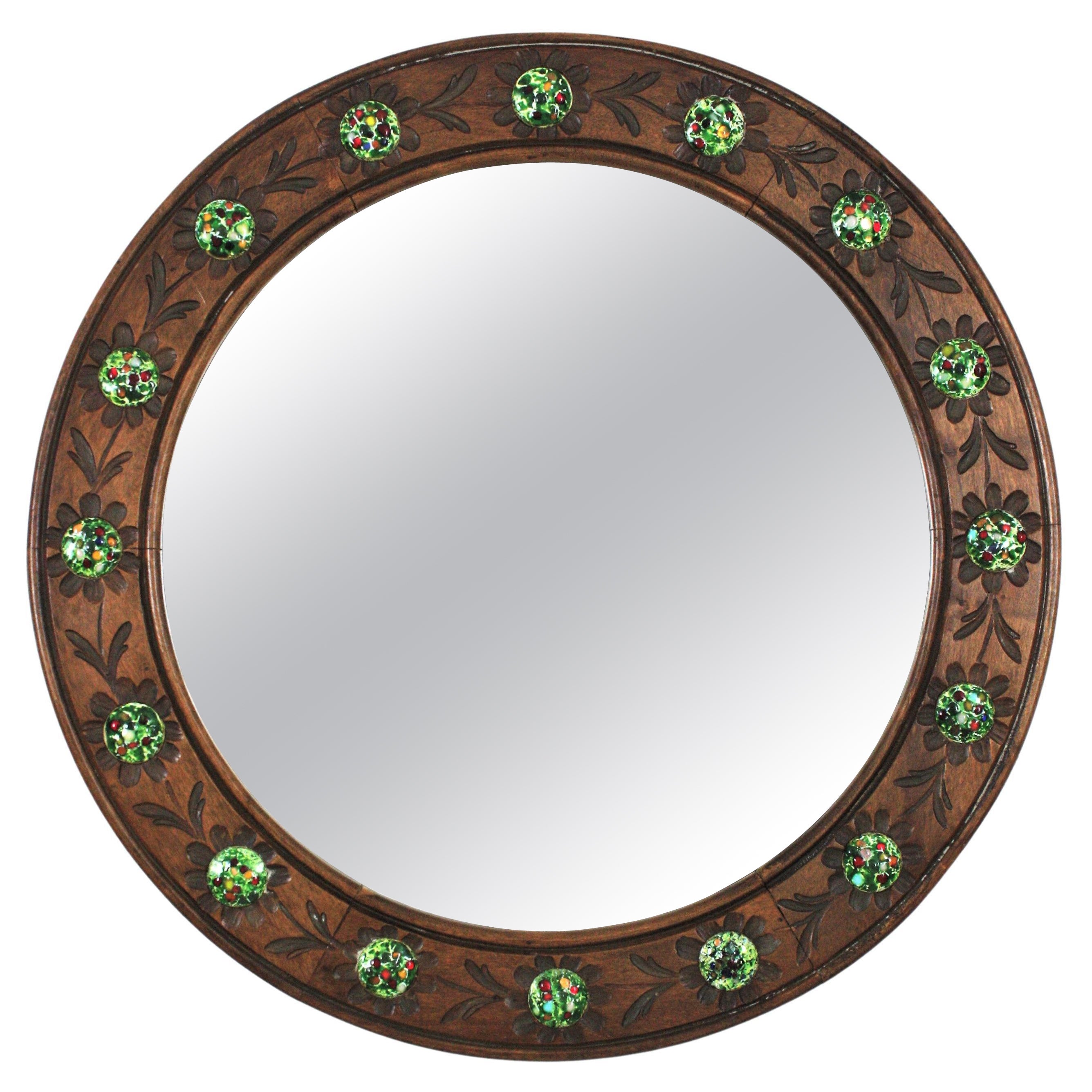 Round Wall Mirror in Walnut and Multi Color Enamel Decorations For Sale